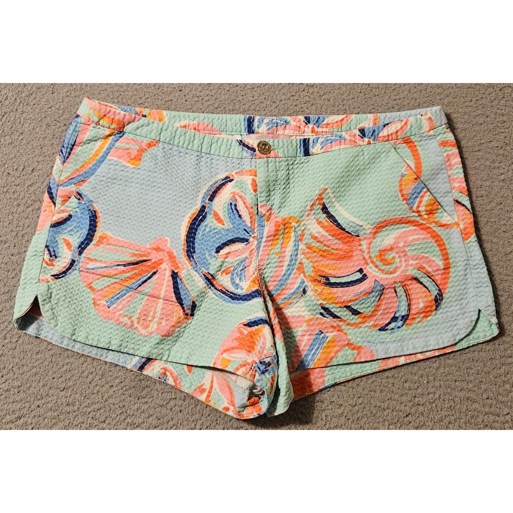 Lilly Pulitzer Adie Seersucker Shorts Size 12 Seashell Sand Dollar Mint Coral